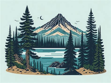 Premium Photo Mountain With Pine Trees And Lake Landscape Hand Drawn