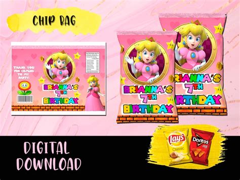 Princess Peach Birthday Party Pack Chip Bag Lollipop Favor Etsy