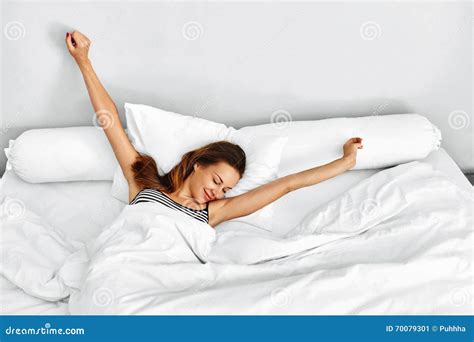 Morning Wake Up Woman Waking Stretching In Bed Healthy Lifestyle