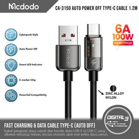 Jual Mcdodo CA 3150 Kabel Auto Off USB A To Type C Cable Data PD 100W