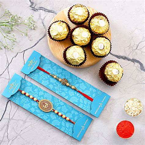 Lion Face And Om Rakhi Set With 3 Pcs Ferrero Rocher Uk Gift Lion