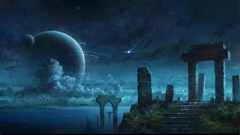 Anime Artwork Fantasy Art Sky Ruins Stars Clouds 1920x1080