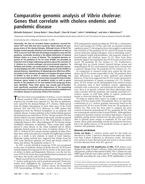 Pdf Comparative Genomic Analysis Of Vibrio Cholerae Genes That Correlate With Cholera Endemic