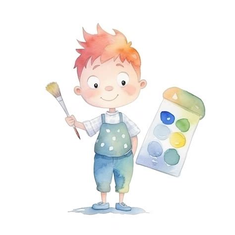 Ilustração em aquarela de um menino segurando uma paleta de tinta e um