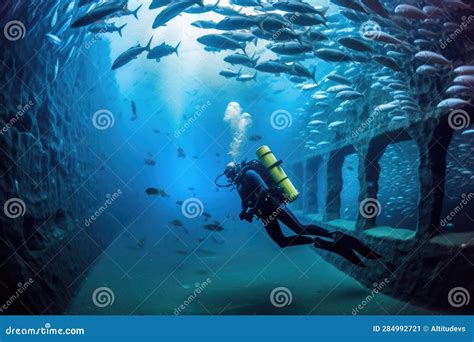 Scuba Diver Observing A Barracuda Feeding Frenzy From A Safe Distance