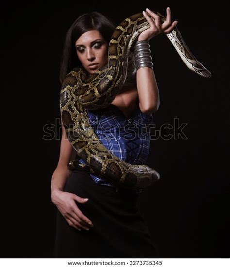 Sexy Brunette Woman Holding Python Over Stock Photo