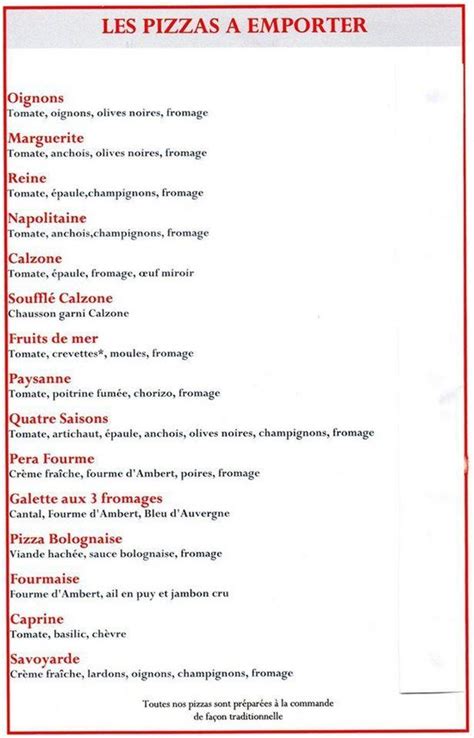 Menu At La Taverne Pizzeria Ambert