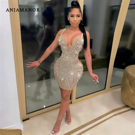 Anjamanor Sexy Glitter Rhinestones Mesh Dress Women Club Wear Party