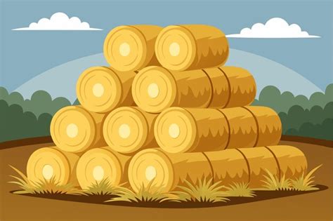 Premium Vector Piles Of Golden Hay Bales Resting On Green Grass Under