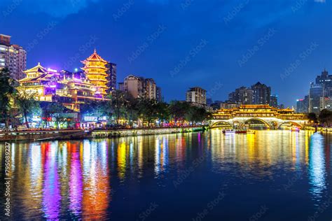 Chengdu Anshun Bridge Over Jin River With Pagoda At Night In Chengdu