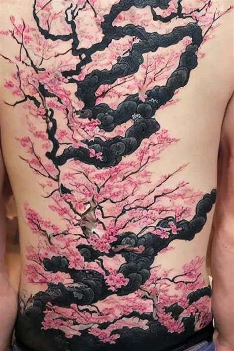 Back Tattoo Of Cherry Blossom Tree Floating Over A Stable Diffusion