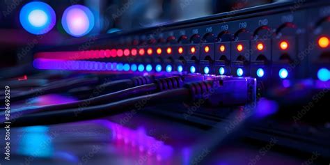 Status Indicator Led For Ethernet Cables On Network Switch In Rack Cabinet Concept Network