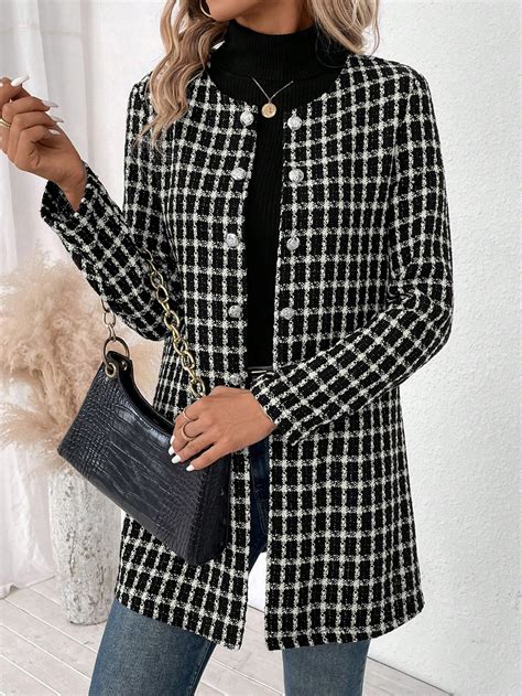 Plaid Print Double Breasted Open Front Coat SHEIN USA