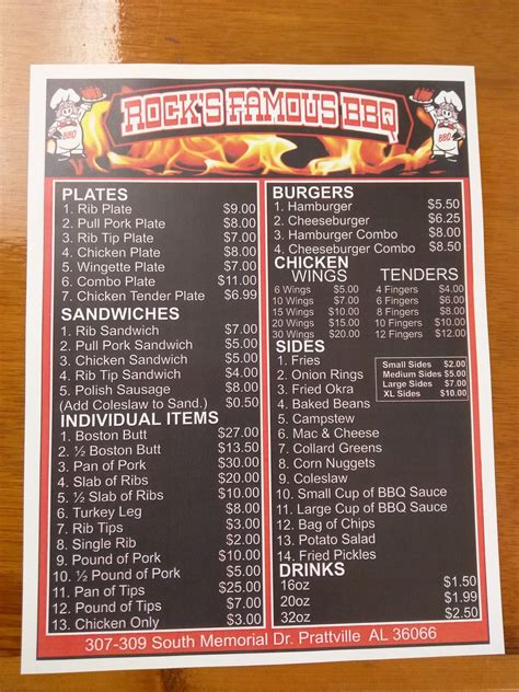 Menu at Rock's Famous BBQ, Prattville