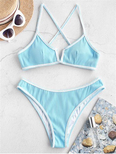 ZAFUL Whip Stitch V Wired Ribbed Bikini Swimsuit Bikinis Bikini