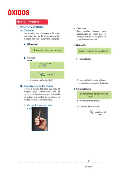 Ficha Oxidos Tercero ÓXIDOS I FUNCIÓN ÓXIDOS A Concepto Los óxidos