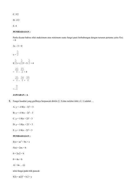 Soal Soal Persamaan Kuadrat Dan Fungsi Kuadrat Pdf