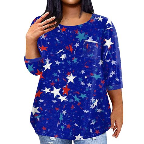 Ehtmsak Independence Day Plus Size Shirts For Women 3 4 Sleeve 4th Of