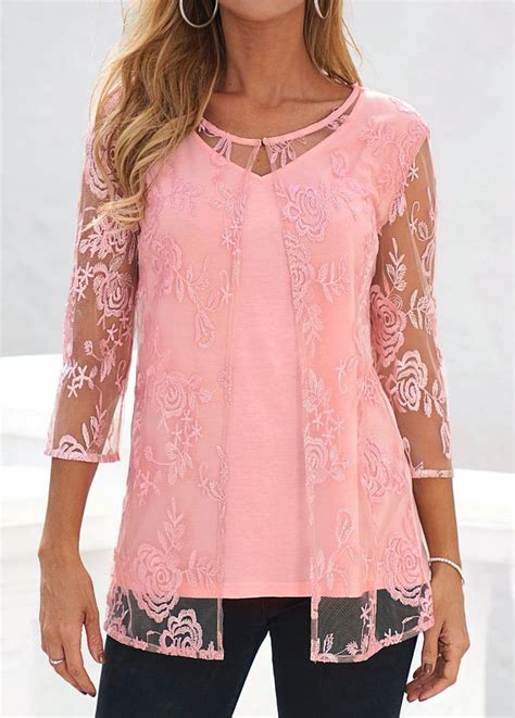 Rotita Three Quarter Length Sleeve Lace Pink Round Neck Blouse Rotita