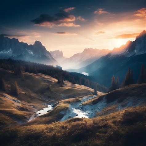 Premium Ai Image Majestic Mountain Sunset Breathtaking Landscape