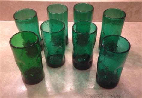 Set 8 Vintage Blenko Glass Dimple Pinched Teal Green Crackle 6 Tumblers Glasses 1440192575