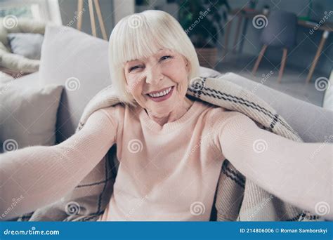 Photo Portrait Of Granny Taking Selfie Smiling Cheerfully Staying At Home While Lockdown Stock