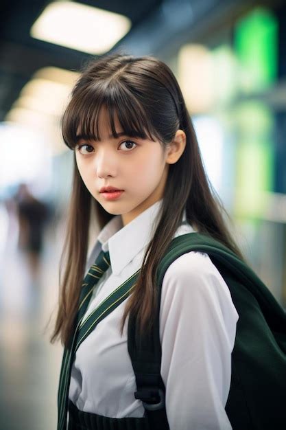 Cute Japanese Schoolgirl In Uniform Downtown Waiting At A Bus Station