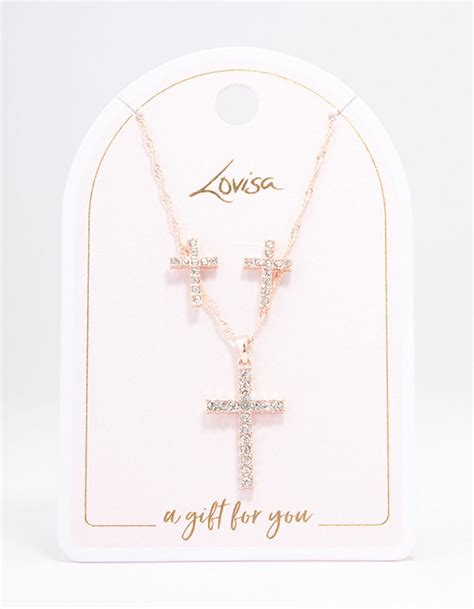 Rose Gold Diamante Cross Jewellery Set Lovisa