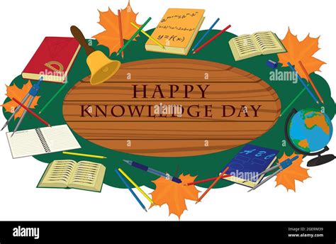 Happy Knowledge Day Wooden Signboard Decorated With School Supplies