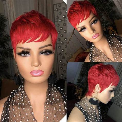 Buy Red Short Pixie Cut Wigs Human Hair For Black Women Brazilian Remy