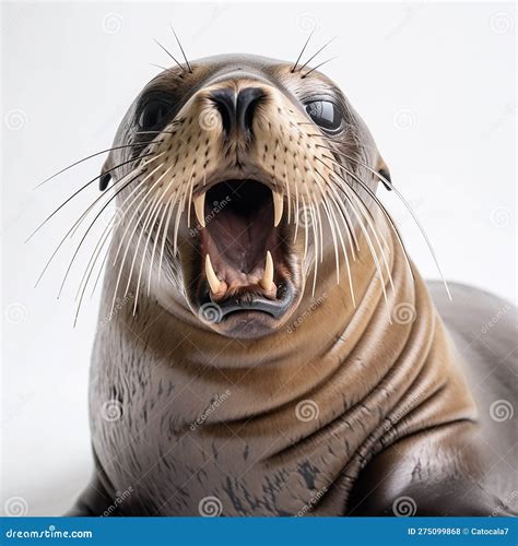 Sea Lion, Seal, Gets Angry, Growls, Bares Its Teeth, Fangs, Isolated on White Stock Illustration ...