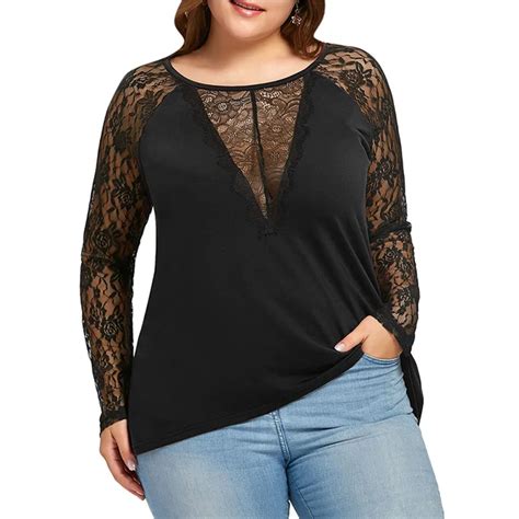 Kenancy 5XL Plus Size Sexy Floral Lace Trim Black T Shirt Women Lace