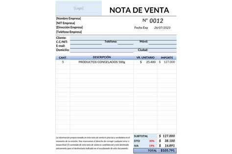 Formato Nota De Venta Para Imprimir En Excel Y PDF