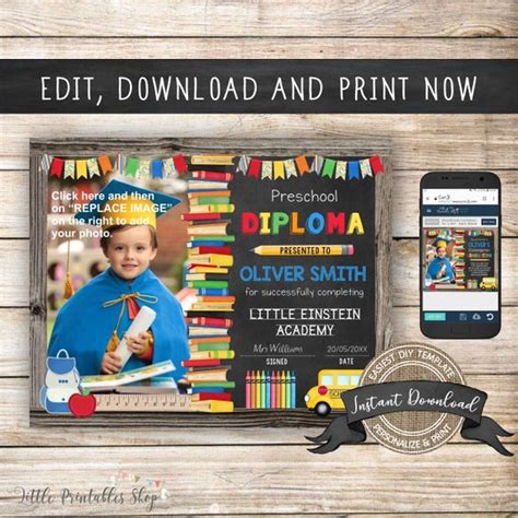 Editable Preschool Diploma With Photo Any Grade Instant Download