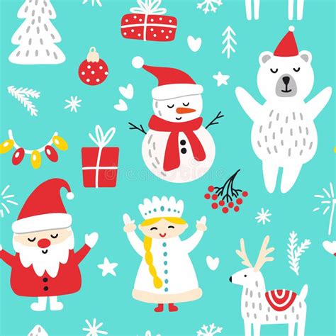 Vector Illustration Of Santa Claus And Snow Maiden With A Snowman And