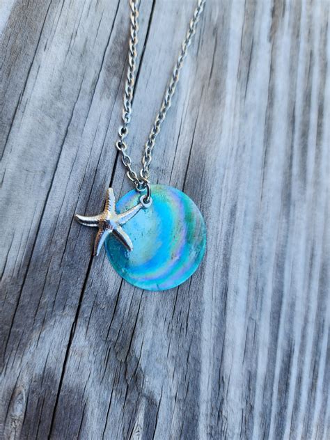 Blue Starfish Capiz Shell Necklace On Silver Stainless Steel Chain Etsy