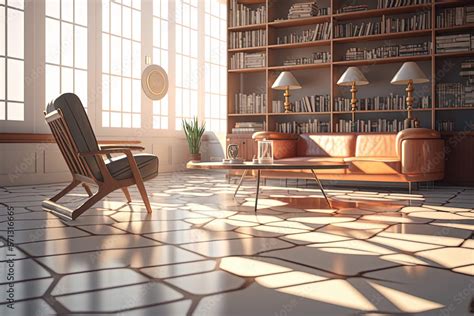 Mid Century Modern Library Interior Design Ai Generated Stock