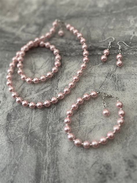 Pink Pearl Set. Necklace, Earrings and Bracelet. Handmade With Love for ...