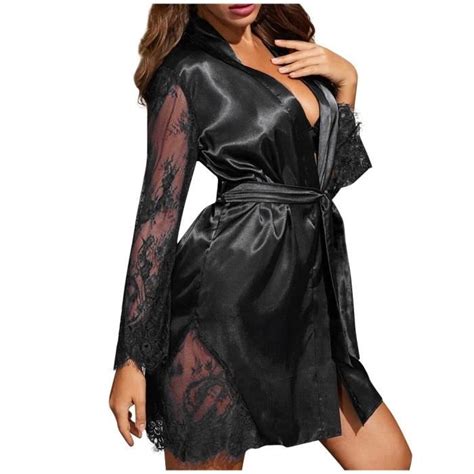Robe De Chambre Nouveau En Soie Satin E Pour Femme Lingerie De Nuit Sexy Noir Noir Cdiscount