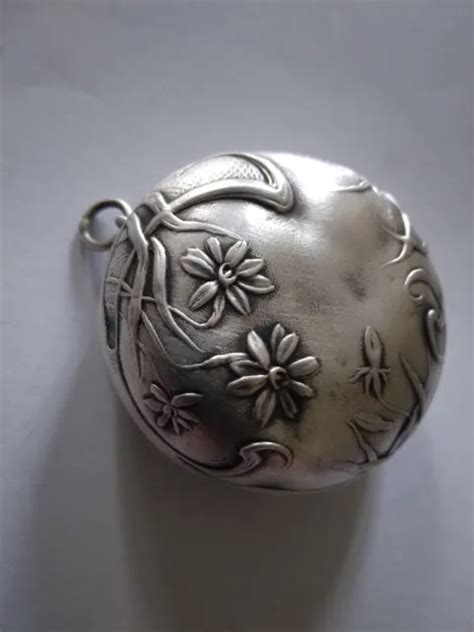 ANCIEN POUDRIER EN argent massif Art Nouveau pour châtelaine pendentif