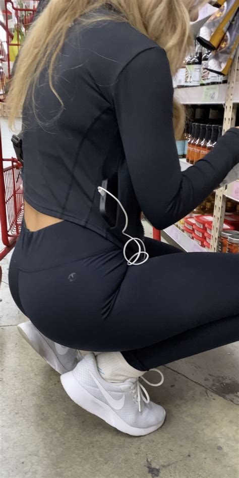 Blonde Doll Squats Down For Me In Black Spandex Spandex Leggings