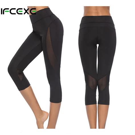 Women Mesh Calf Length Sport Fitness Yoga Leggings Sexy Patchwork