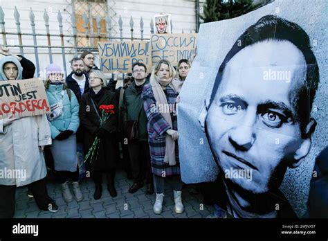 I Manifestanti Si Trovano Vicino Al Ritratto Di Alexei Navalny Di