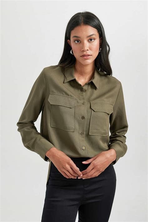 Khaki WOMAN Regular Fit Shirt Collar Long Sleeve Shirt 2911233 DeFacto