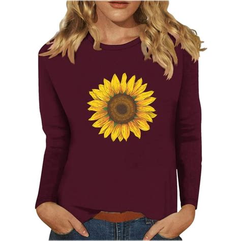 Nhapmj Womens Fall Winter Tops Long Sleeve Round Neck Sunflower Print Casual Business Work Daily