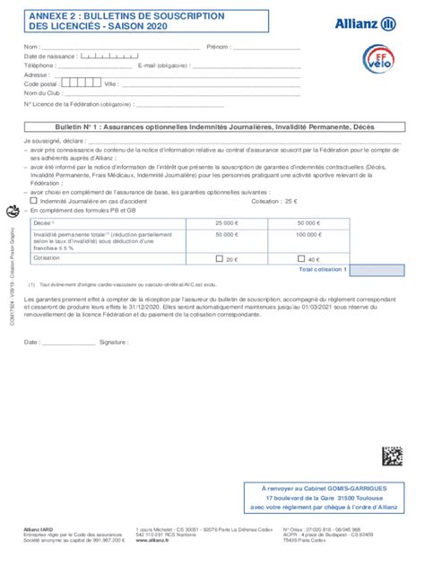 Fillable Online Annexe Bulletins De Souscription Des Fax Email