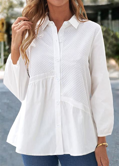 Rotita Button Three Quarter Length Sleeve White Shirt Collar Blouse In