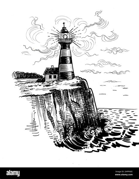 Lighthouse on a seashore. Ink black and white drawing Stock Photo - Alamy