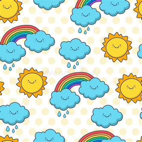 Grappige Het Schetsen Zon Wolk En Regenboog Vector Naadloos