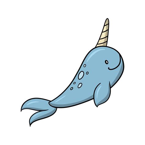 Sea Life Cute Narwhal Vector Illustration In Cartoon Style On White